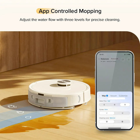 Q7 M5 Smart Vacuum And Mop Combo With 10,000 Pa HyperForce Suction App Control LiDAR Navigation shown on wood floor with app interface