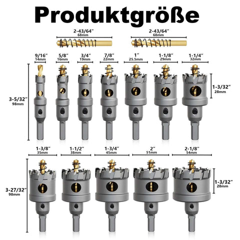 14-piece GSTK heavy-duty carbide hole saw set with titanium-plated pilot drills and 2 L-wrenches