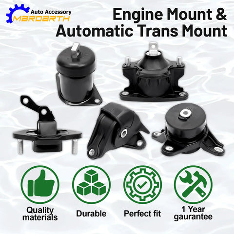 Set Of 5 Engine Motor Mounts And Transmission Mount Kit For 2008 2012 Honda Accord 2.4L L4 And 2009 2013 TSX Automatic Transmission Only Direct OE Replacement A4565 A4572 A4570 A4584 A4561 displayed on a white background.