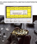 Watch Push Button Washer Set With 12 Sizes Metal Watch Repair Tool Kit In Plastic Storage Box shown in use on watch mechanism