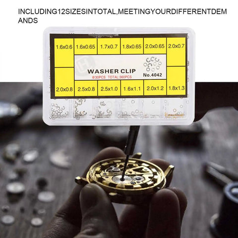 Watch Push Button Washer Set With 12 Sizes Metal Watch Repair Tool Kit In Plastic Storage Box shown in use on watch mechanism