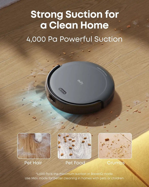 Like-New C10 Robot Vacuum With Self-Empty Dock Hands-Free Cleaning Monster on wooden floor with crumbs and pet hair