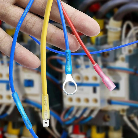 Hella Durable Heat Shrink Wire Connectors Kit 480 Piece Waterproof Crimp Splice Assortment with color coded terminals in hand