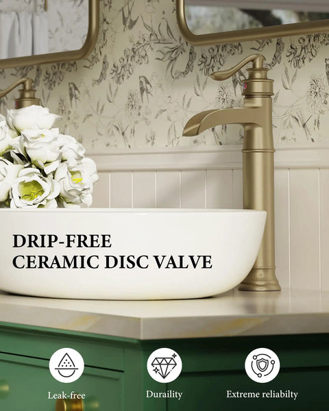 Brass Construction Black And Gold Vessel Sink Faucet With Tall High Arc Body next to white ceramic sink in modern bathroom