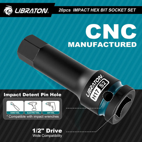 Impact Hex Bit Socket Set Half Inch Drive S2 Alloy Steel 20 Piece Metric And SAE High Torque Sockets close-up image