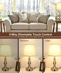 Brushed Nickel Table Lamp Set Of 2 For Nightstand Lamps in living room, showcasing 3-way touch dimming feature with USB ports.