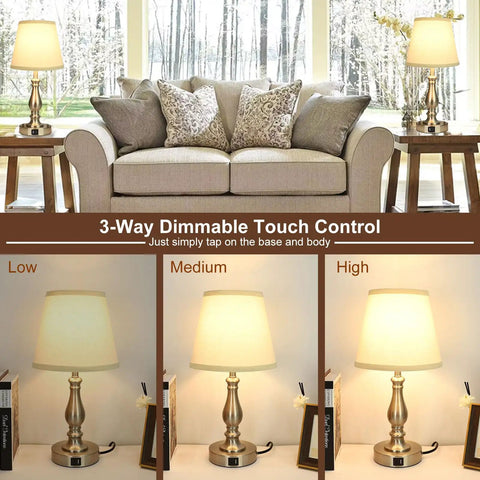 Brushed Nickel Table Lamp Set Of 2 For Nightstand Lamps in living room, showcasing 3-way touch dimming feature with USB ports.