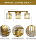 Gold Vanity Light Fixture For Bathroom Over Mirror, showing 3 light crystal sconces, durable gold bracket, close-ups of design features
