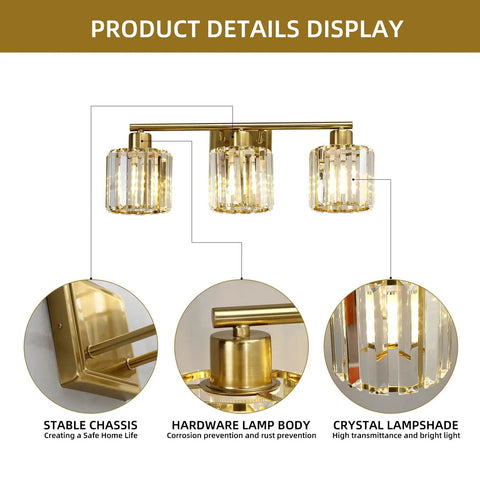 Gold Vanity Light Fixture For Bathroom Over Mirror, showing 3 light crystal sconces, durable gold bracket, close-ups of design features