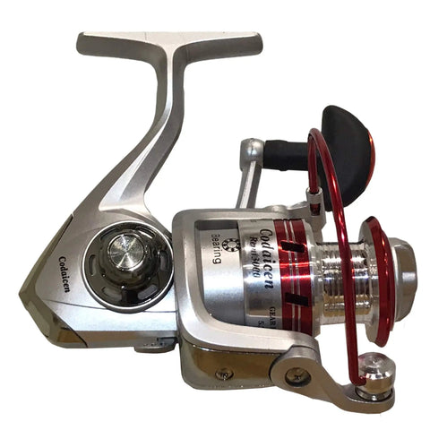Side view of open face spinning reel for freshwater fishing, 5.2:1 gear ratio, ultra smooth 10 ball bearings, long casting distance.
