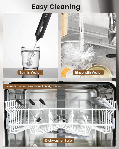 Demonstration of easy cleaning for Rechargeable Handheld Milk Frother With Stand, USB C Charge, 3 Speeds And 3 Heads.