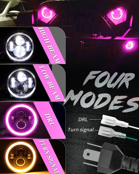 7 Inch LED Headlights With Pink Purple Halo Ring, Hi Lo Beam, DRL And Amber Turn Signal modes display