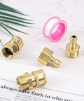 Front view of Gosknor 4pc brass pressure washer adapters set (M22-15mm to 1/4 in), quick-disconnect hose fittings.