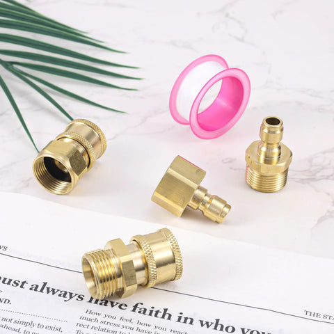Front view of Gosknor 4pc brass pressure washer adapters set (M22-15mm to 1/4 in), quick-disconnect hose fittings.