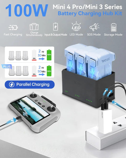 All In One Battery Charging Hub For DJI Mini 5 Pro, Mini 4 Pro And Mini 3 Pro with 100W Fast Charge, charging three batteries.