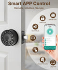 Legit Smart Fingerprint Door Lock With Keypad And Wireless App Control For Next Level Home Safety Holds Two Hundred Personal Codes One Hundred Fingerprints And Backup Keys, shown with remote app features on smartphone.