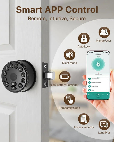 Legit Smart Fingerprint Door Lock With Keypad And Wireless App Control For Next Level Home Safety Holds Two Hundred Personal Codes One Hundred Fingerprints And Backup Keys, shown with remote app features on smartphone.