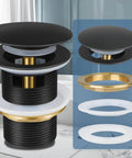 Heavy Duty Copper Pop Up Drain Stopper For Freestanding Bathtub Universal Fit Leak Proof Bathroom Fixture, matte black and gold components.