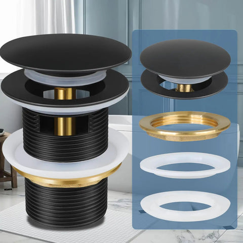 Heavy Duty Copper Pop Up Drain Stopper For Freestanding Bathtub Universal Fit Leak Proof Bathroom Fixture, matte black and gold components.
