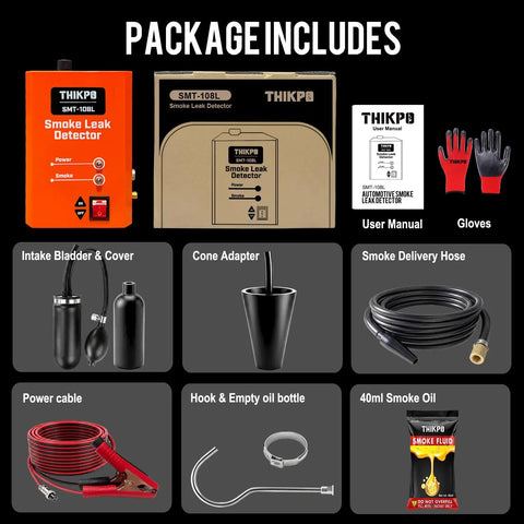 Package contents of Automotive Smoke Machine With Built In Air Compressor, 12V DC Leak Detector For EVAP Vacuum And Turbo Leaks.