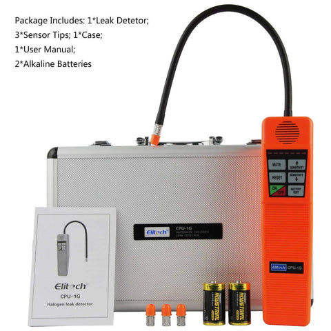 Elitech CPU-1G HVAC leak detector with orange handheld unit and silver case (front view) including batteries and manual