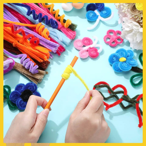 Colorful Chenille Pipe Cleaners Kit With 1800 Pieces In 36 Colors 6 Mm By 12 Inch Stems For Crafts Art Projects DIY Decorations Party Decor And Creative Fun For Adults And Kids, hands shaping yellow stem