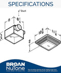 Specifications for Ventilation Fan And Light Combo For Bathroom And Home Keep It Fresh 50 CFM Exhaust 100 Watt Lighting White Finish