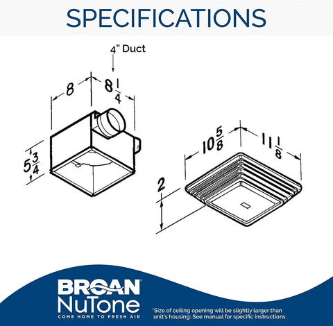Specifications for Ventilation Fan And Light Combo For Bathroom And Home Keep It Fresh 50 CFM Exhaust 100 Watt Lighting White Finish