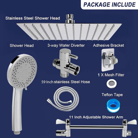 Mega Wide Rain Shower Head Combo With 11 Inch Extension Arm And 12 Inch Face, 1.5M Hose, Chrome Finish, Shower Set Parts