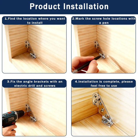 Installation process of Heavy Duty Stainless Steel L Brackets With Two Dozen Solid Corner Mounts And One Twenty Self Tapping Screws