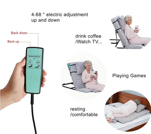 Sturdy Greenlemon Electric Bed Backrest Lifter With Remote Adjustable Support For Heavy Duty Use Up To 300 Pounds Load Capacity Flexible Angle Settings From Four To Sixty Eight Degrees. User adjusting the backrest for relaxation.