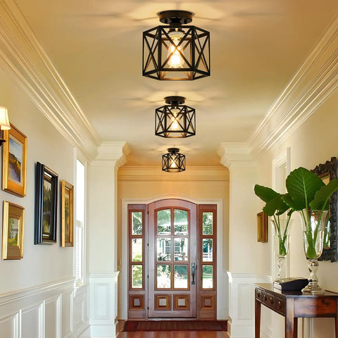 Must Have Industrial Black Hexagon Farmhouse Ceiling Light Fixture, Semi Flush Mount For Kitchen Hallway Bedroom Foyer Entryway