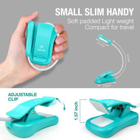 Rechargeable Book Light For Reading In Bed With 3 Color Temperatures And 3 Brightness Levels Ultra Lightweight Travel Buddy With Up To 70 Hours Of Battery Life Blue, shown with adjustable clip and compact design.