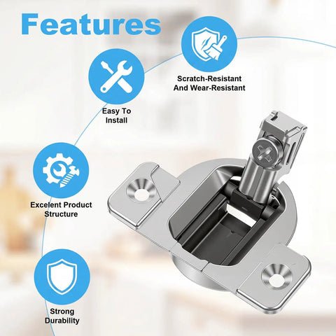 Features of Eight Pack Cabinet Hinge Replacement Set For 110 Degree Compact 33 Hinges, screw in design, stainless steel hinge close-up