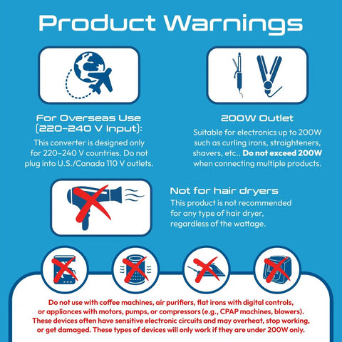 Product warnings for Six In One Travel Adapter And Voltage Converter With Surge Protection For 220V To 110V Countries