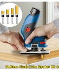 Four Piece Flush Trim Router Bit Set With One Quarter Inch Shank And Top Bearing Great For Woodworking And Home DIY Projects Pro Grade Durable Micro Grain Tungsten Carbide Bits For Clean Cuts Sharp Edges And Precise Lettering In Yellow being used on wood by hand router.