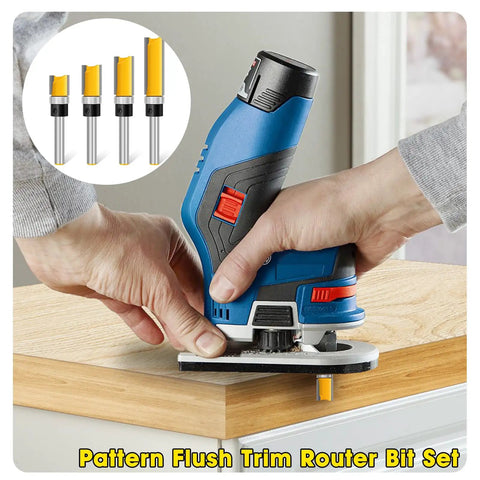 Four Piece Flush Trim Router Bit Set With One Quarter Inch Shank And Top Bearing Great For Woodworking And Home DIY Projects Pro Grade Durable Micro Grain Tungsten Carbide Bits For Clean Cuts Sharp Edges And Precise Lettering In Yellow being used on wood by hand router.