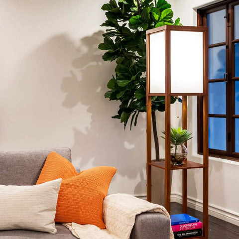 Maxwell Dope Modern Shelf Floor Lamp With Shade And Warm White LED Bulb beside living room sofa, Havana Brown finish.