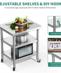 Heavy Duty Stainless Steel Work Table On Wheels With Three Shelves 30 By 24 Inch Industrial Grade Mobile Prep Station For Kitchen Garage Workshop NSF Certified Easy To Clean And Versatile Shop Ready, adjustable shelves and hooks