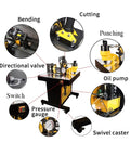 3 In 1 Hydraulic Busbar Cutter Bender Puncher Machine For Shearing Punching And Bending In Metalworking Projects A Pro Grade Heavy Duty Tool For Electrical Distribution Panels And DIY Fabrication with labeled parts like cutting, bending, punching, oil pump.