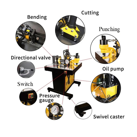 3 In 1 Hydraulic Busbar Cutter Bender Puncher Machine For Shearing Punching And Bending In Metalworking Projects A Pro Grade Heavy Duty Tool For Electrical Distribution Panels And DIY Fabrication with labeled parts like cutting, bending, punching, oil pump.