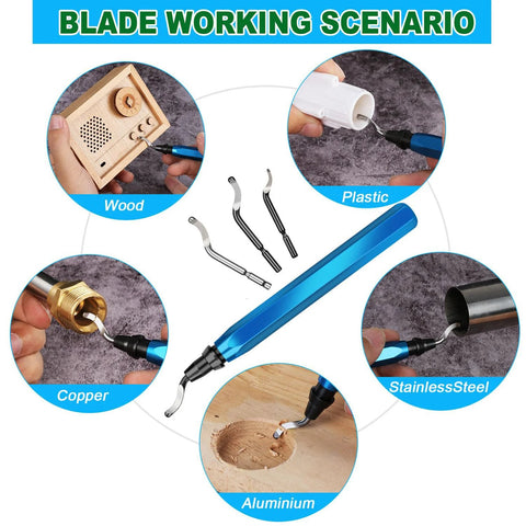 Blue 11‑pc deburring tool set with high-speed steel blades for smoothing 3D‑printed edges; includes needle file and micro wire cutter