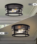 Industrial Flush Mount Ceiling Light With Seeded Glass Shade, off and on view, black metal finish, bright 2 Light E26 fixture.