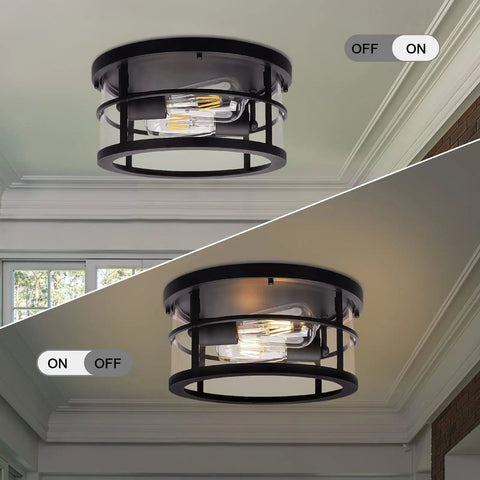 Industrial Flush Mount Ceiling Light With Seeded Glass Shade, off and on view, black metal finish, bright 2 Light E26 fixture.