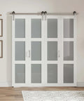 Frosted Glass Bifold Closet Doors Kit 60 Inch By 84 Inch Three Lite Panels With Brushed Nickel Sliding Hardware installed view