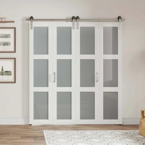 Frosted Glass Bifold Closet Doors Kit 60 Inch By 84 Inch Three Lite Panels With Brushed Nickel Sliding Hardware installed view