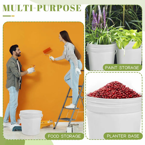 Image shows a 10 Pack 1.4 Quart White Plastic Storage Buckets With Airtight Lids And Built In Handles used for paint and plants.