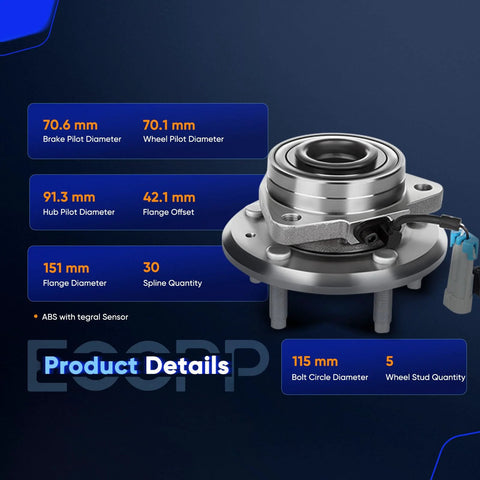 Beefed Up Front Wheel Bearing Hub Assembly 5 Lug With ABS For Chevy Captiva Sport 2007 2009 Replacement showing measurements