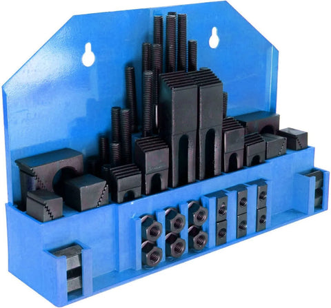 HFS 58-piece 5/8 in T-slot hold-down clamp set for Bridgeport mills in blue organizer.