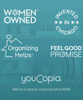 Promotional text for organization products, featuring 'Women Owned,' 'Invented in Chicago,' 'Organizing Helps,' and 'Feel Good Promise.'